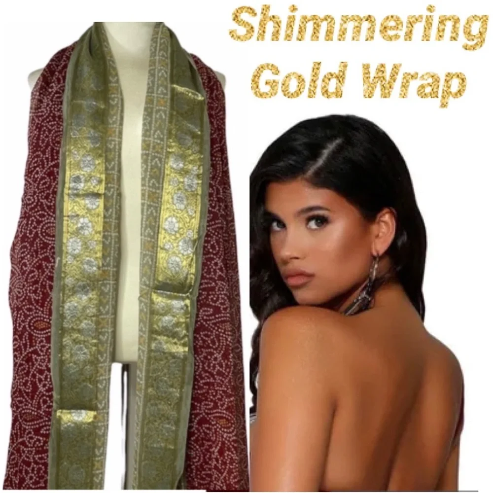 Vintage Scarf Luxury Floral Body Wrap Ornate Gold Paisley Filigree Burgundy Red